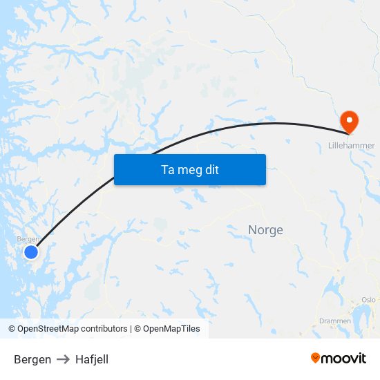 Bergen to Hafjell map