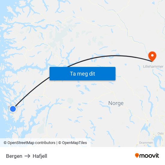 Bergen to Hafjell map