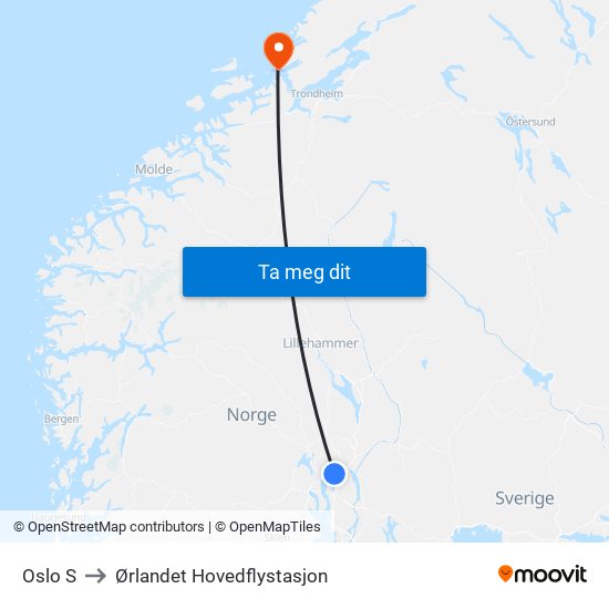 Oslo S to Ørlandet Hovedflystasjon map