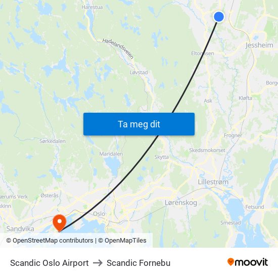 Scandic Oslo Airport to Scandic Fornebu map