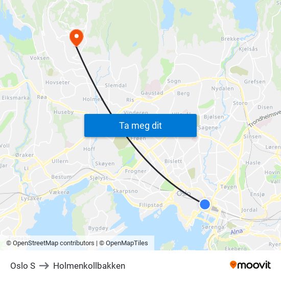 Oslo S to Holmenkollbakken map