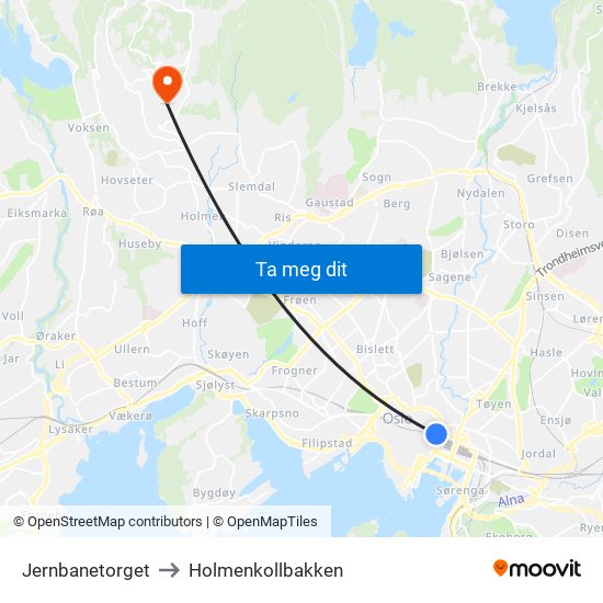 Jernbanetorget to Holmenkollbakken map