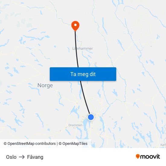 Oslo to Fåvang map