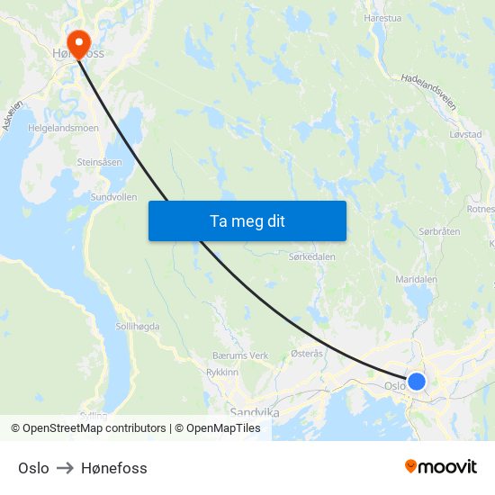 Oslo to Hønefoss map