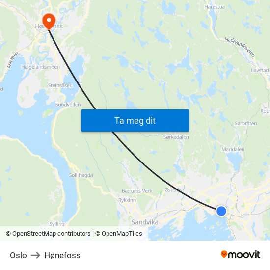 Oslo to Hønefoss map