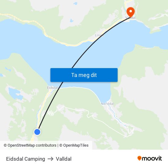 Eidsdal Camping to Valldal map