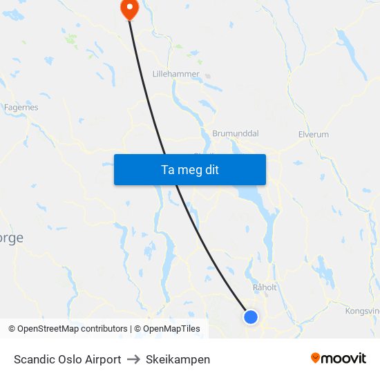 Scandic Oslo Airport to Skeikampen map