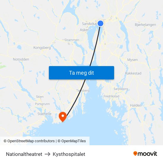 Nationaltheatret to Kysthospitalet map