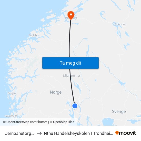 Jernbanetorget to Ntnu Handelshøyskolen I Trondheim map