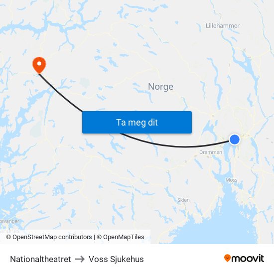 Nationaltheatret to Voss Sjukehus map