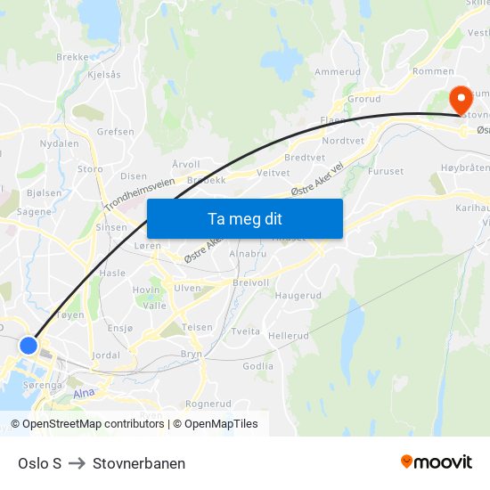 Oslo S to Stovnerbanen map