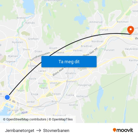 Jernbanetorget to Stovnerbanen map