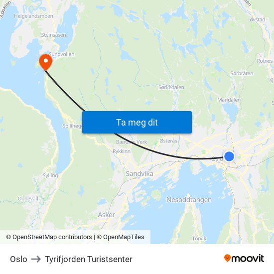 Oslo to Tyrifjorden Turistsenter map