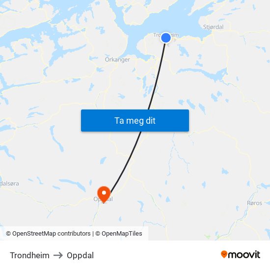 Trondheim to Oppdal map