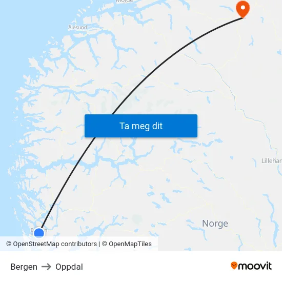Bergen to Oppdal map