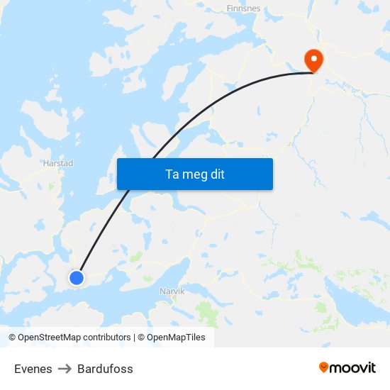 Evenes to Bardufoss map