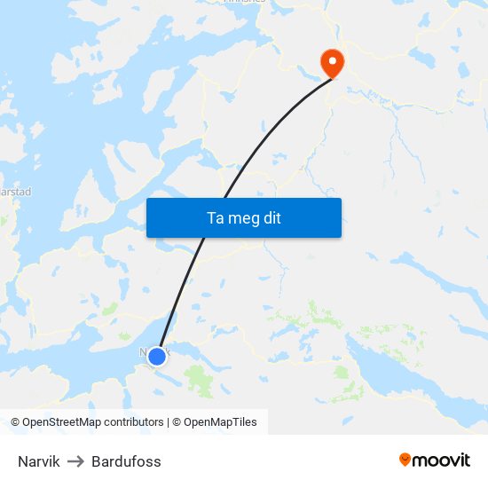 Narvik to Bardufoss map