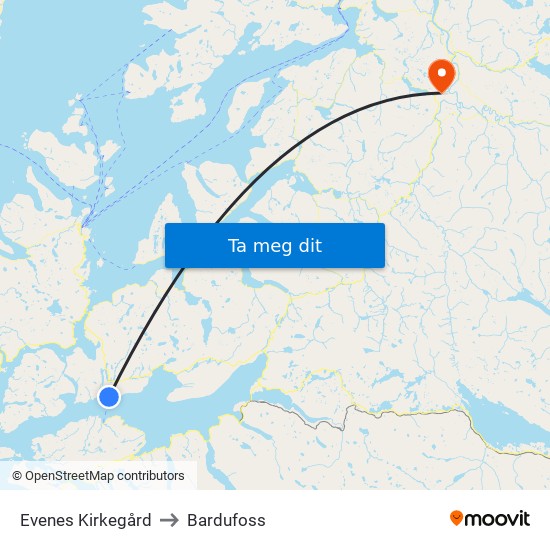 Evenes Kirkegård to Bardufoss map