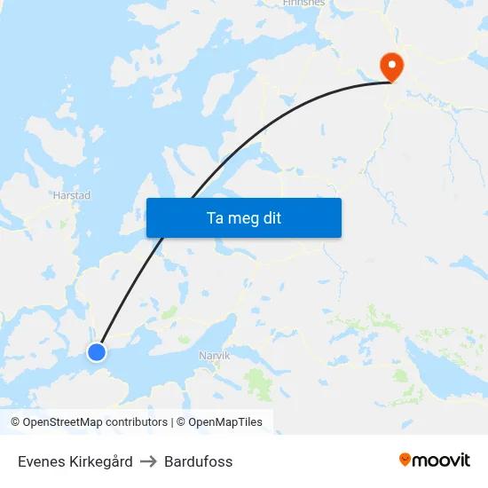 Evenes Kirkegård to Bardufoss map