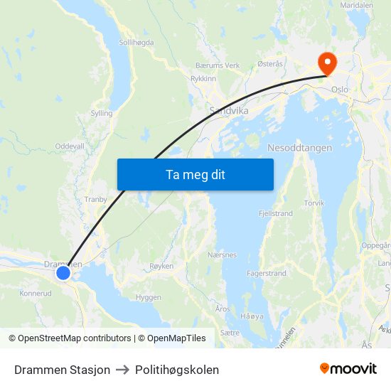 Drammen Stasjon to Politihøgskolen map