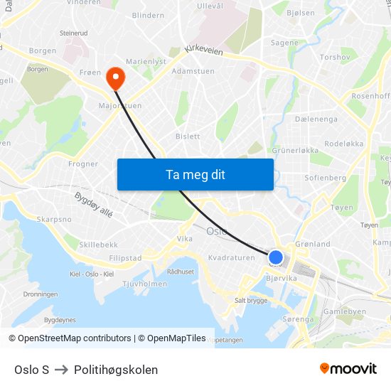 Oslo S to Politihøgskolen map