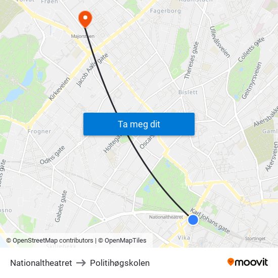 Nationaltheatret to Politihøgskolen map