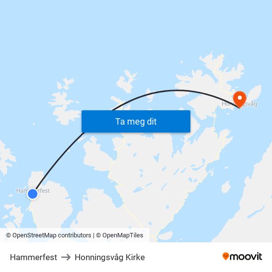 Hammerfest to Honningsvåg Kirke map