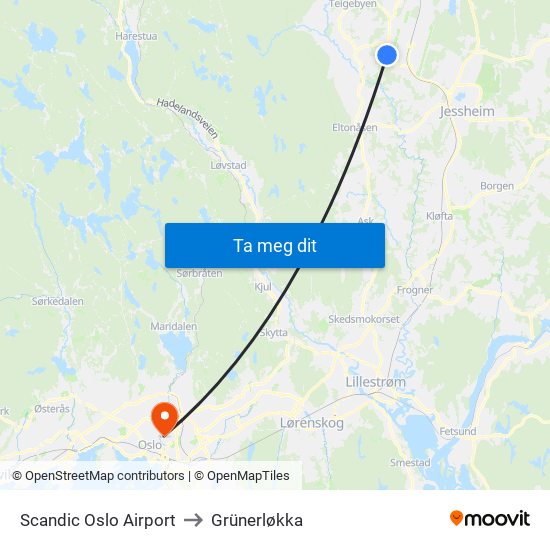 Scandic Oslo Airport to Grünerløkka map