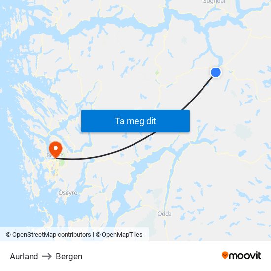 Aurland to Bergen map