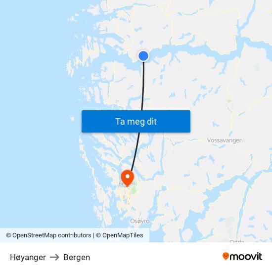 Høyanger to Bergen map