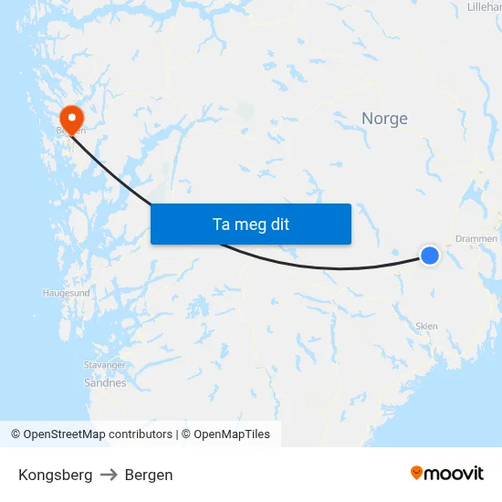 Kongsberg to Bergen map