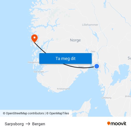 Sarpsborg to Bergen map