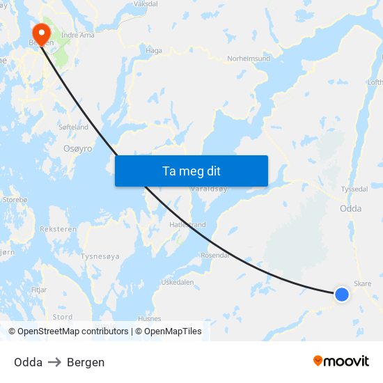 Odda to Bergen map