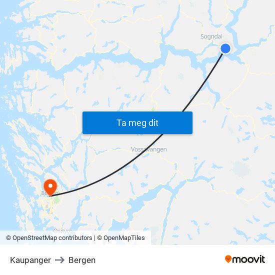 Kaupanger to Bergen map