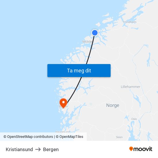 Kristiansund to Bergen map