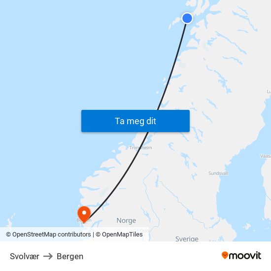 Svolvær to Bergen map