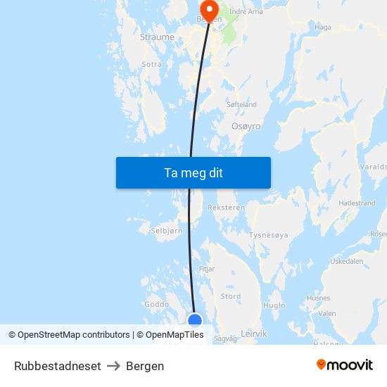 Rubbestadneset to Bergen map
