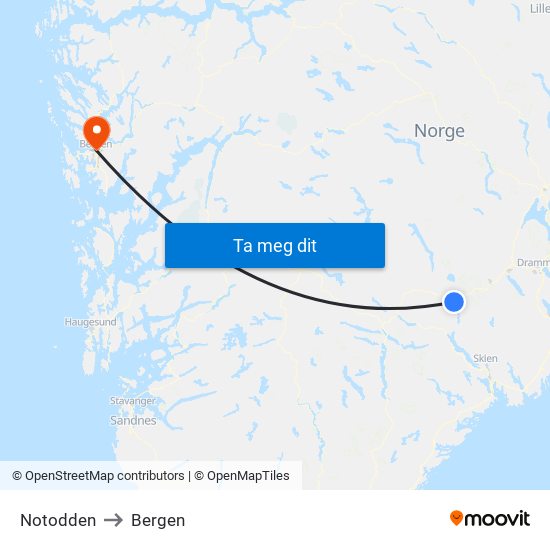 Notodden to Bergen map