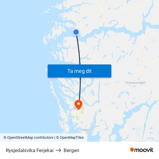 Rysjedalsvika Ferjekai to Bergen map