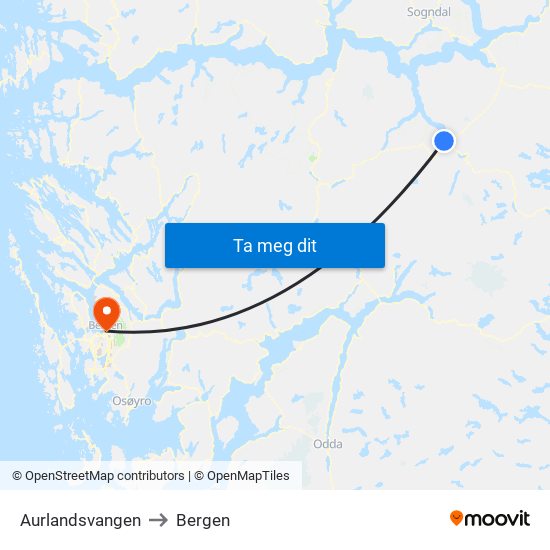 Aurlandsvangen to Bergen map