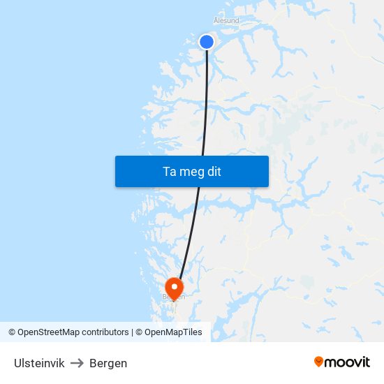 Ulsteinvik to Bergen map