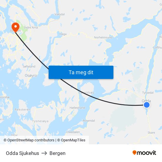 Odda Sjukehus to Bergen map