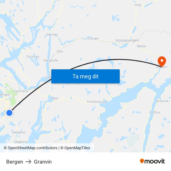 Bergen to Granvin map
