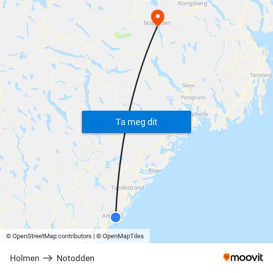Holmen to Notodden map