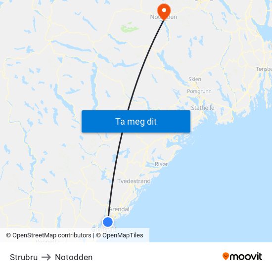 Strubru to Notodden map