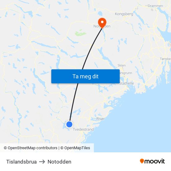 Tislandsbrua to Notodden map