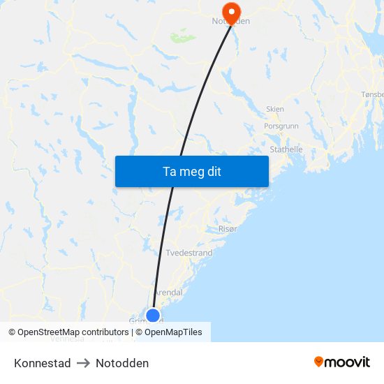 Konnestad to Notodden map