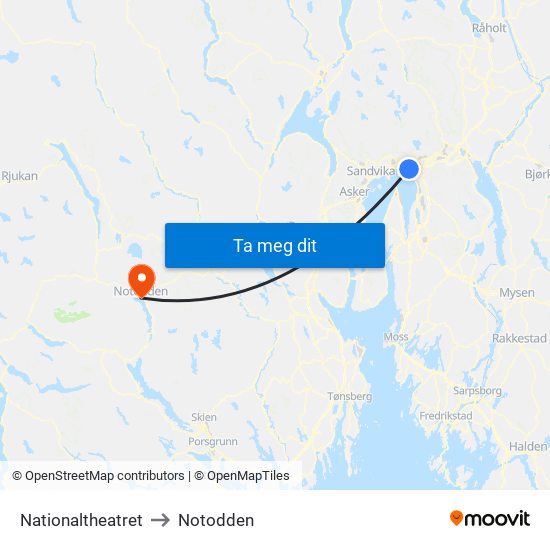 Nationaltheatret to Notodden map