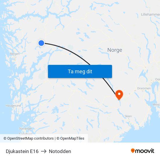 Djukastein E16 to Notodden map