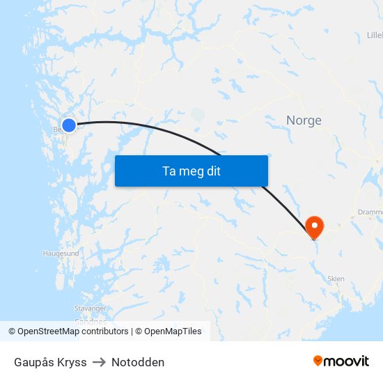 Gaupås Kryss to Notodden map